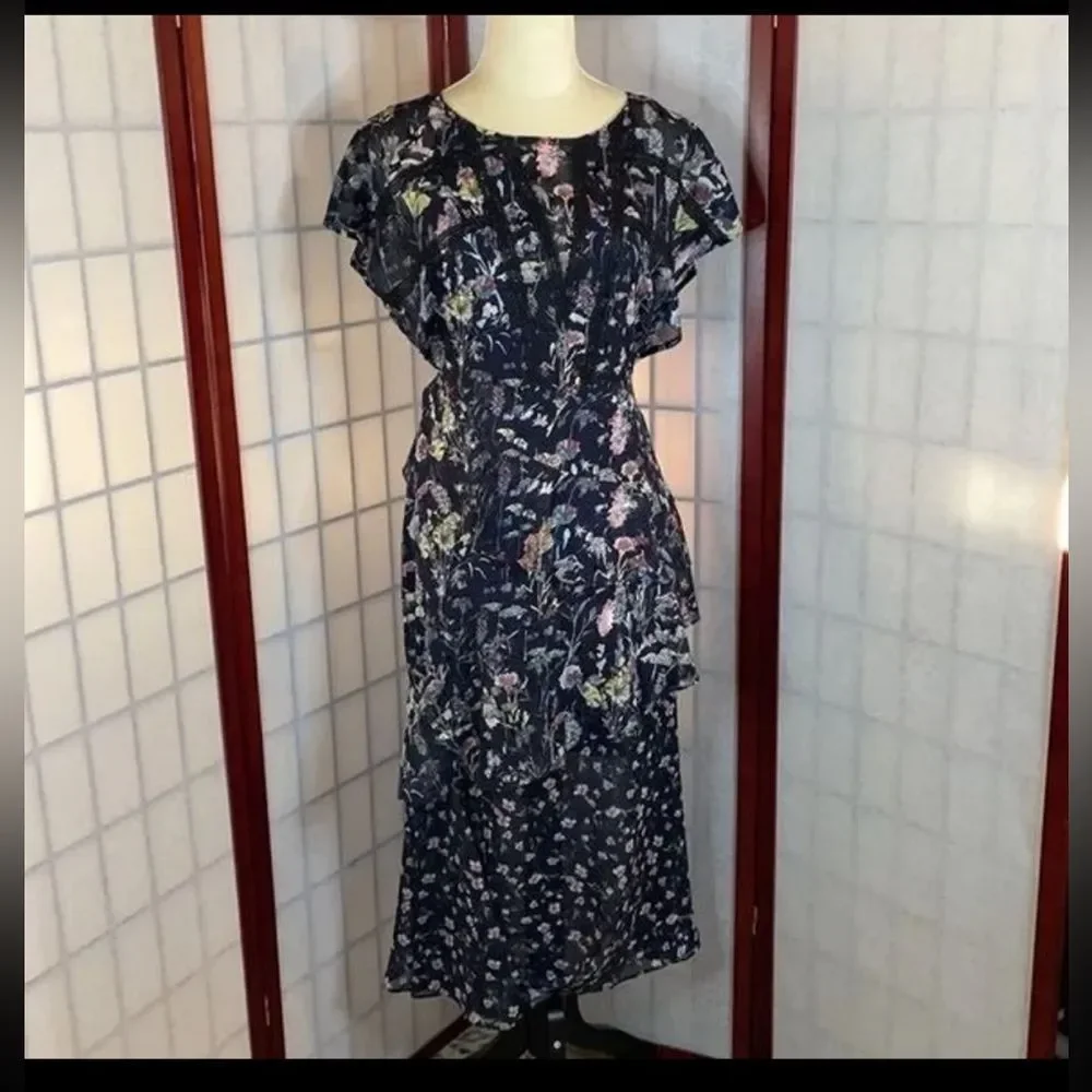 Anthropologie Foxiedox “Carolina” Navy Blue Floral Layered Semi-Sheer Midi (2) - Picture 9 of 16